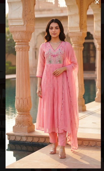 Premium Mul Chanderi Anarkali Suit Set in Pink with Zari Detailing & Dupatta