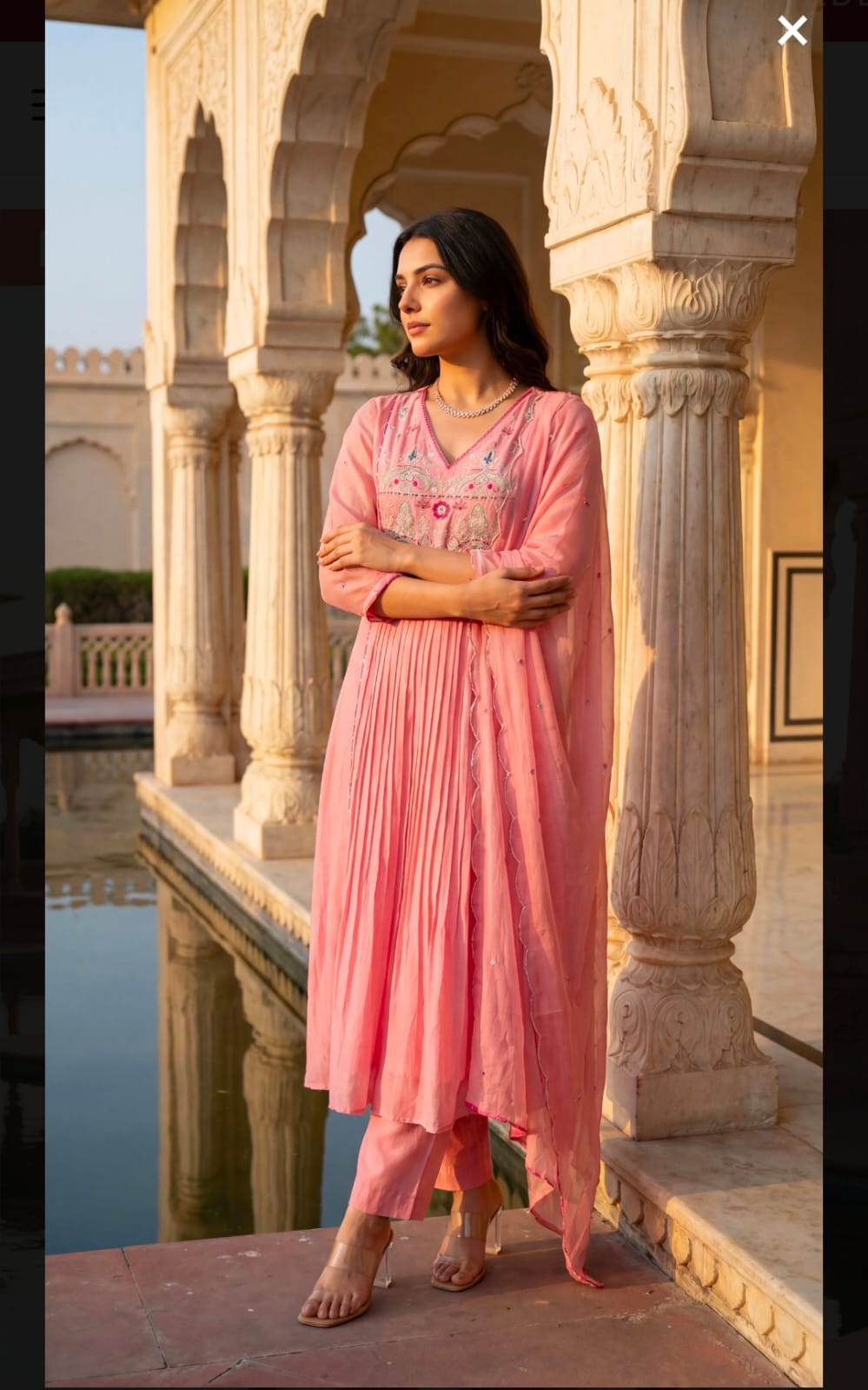 Premium Mul Chanderi Anarkali Suit Set in Pink with Zari Detailing & Dupatta