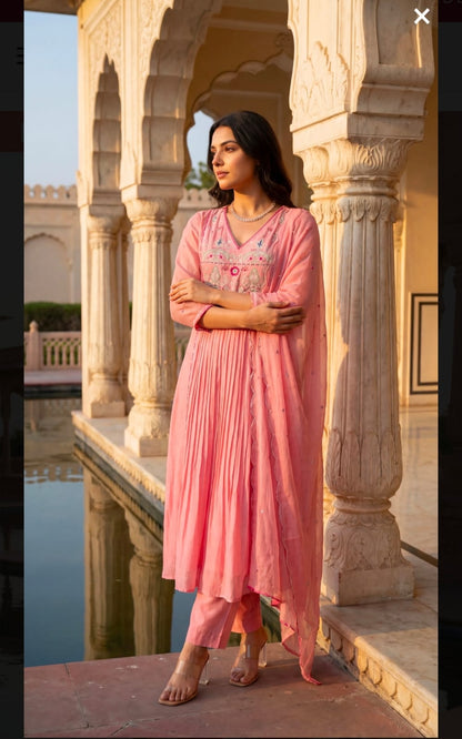 Premium Mul Chanderi Anarkali Suit Set in Pink with Zari Detailing & Dupatta