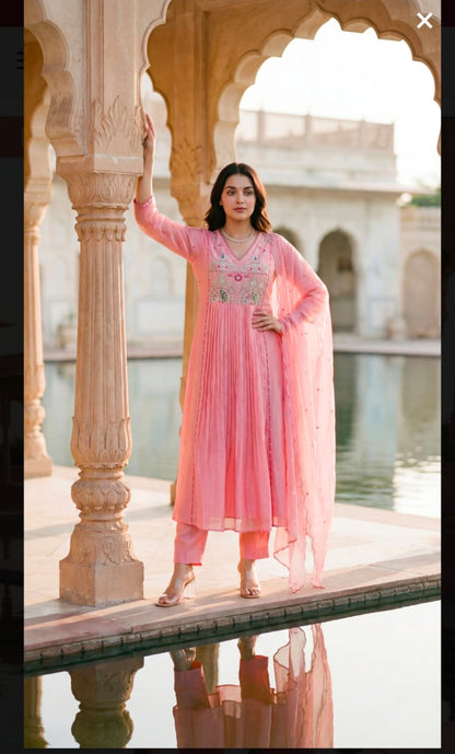 Premium Mul Chanderi Anarkali Suit Set in Pink with Zari Detailing & Dupatta