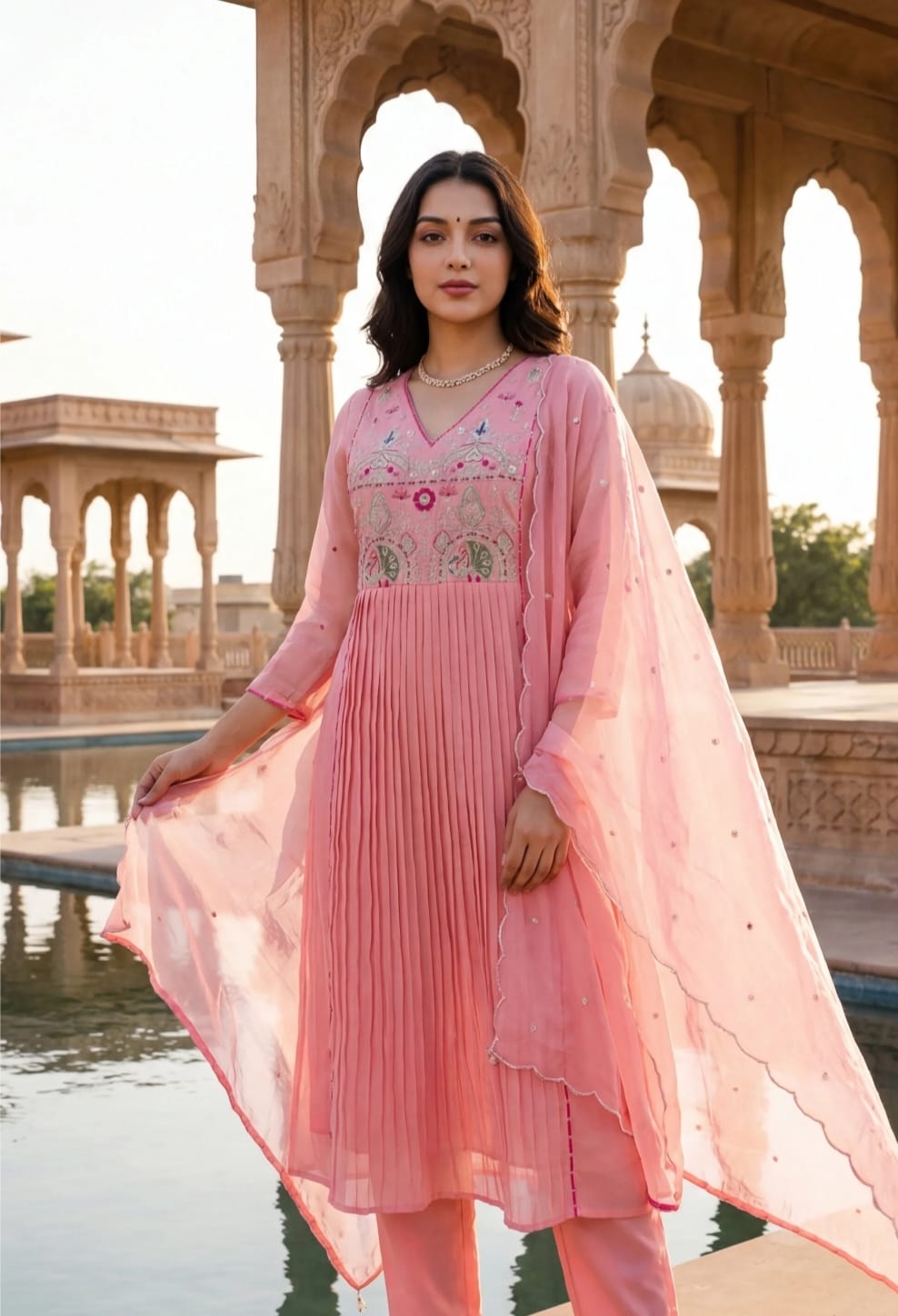 Premium Mul Chanderi Anarkali Suit Set in Pink with Zari Detailing & Dupatta