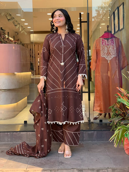Premium Chocolate Brown Kurti Pant Dupatta Set