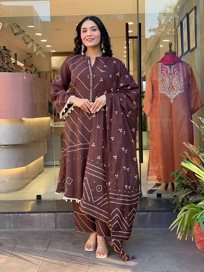 Premium Chocolate Brown Kurti Pant Dupatta Set