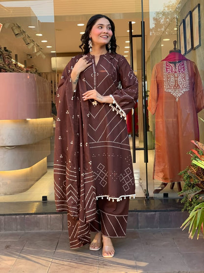 Premium Chocolate Brown Kurti Pant Dupatta Set