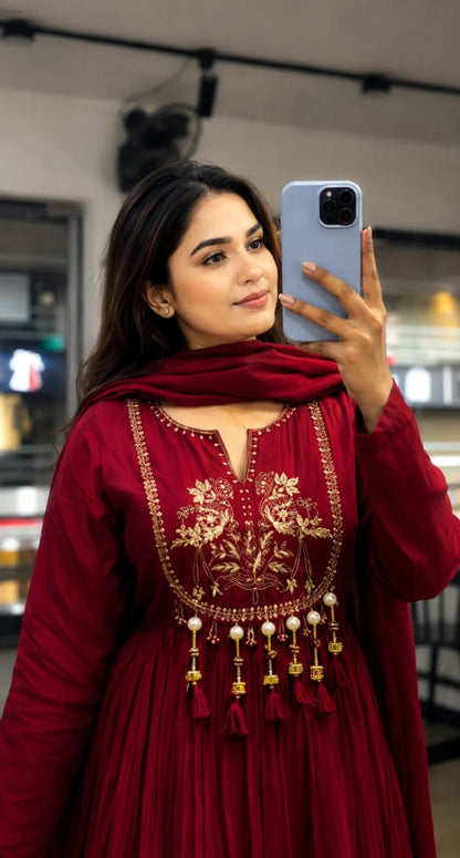 Maroon Embroidered Anarkali Kurta Set With Dupatta