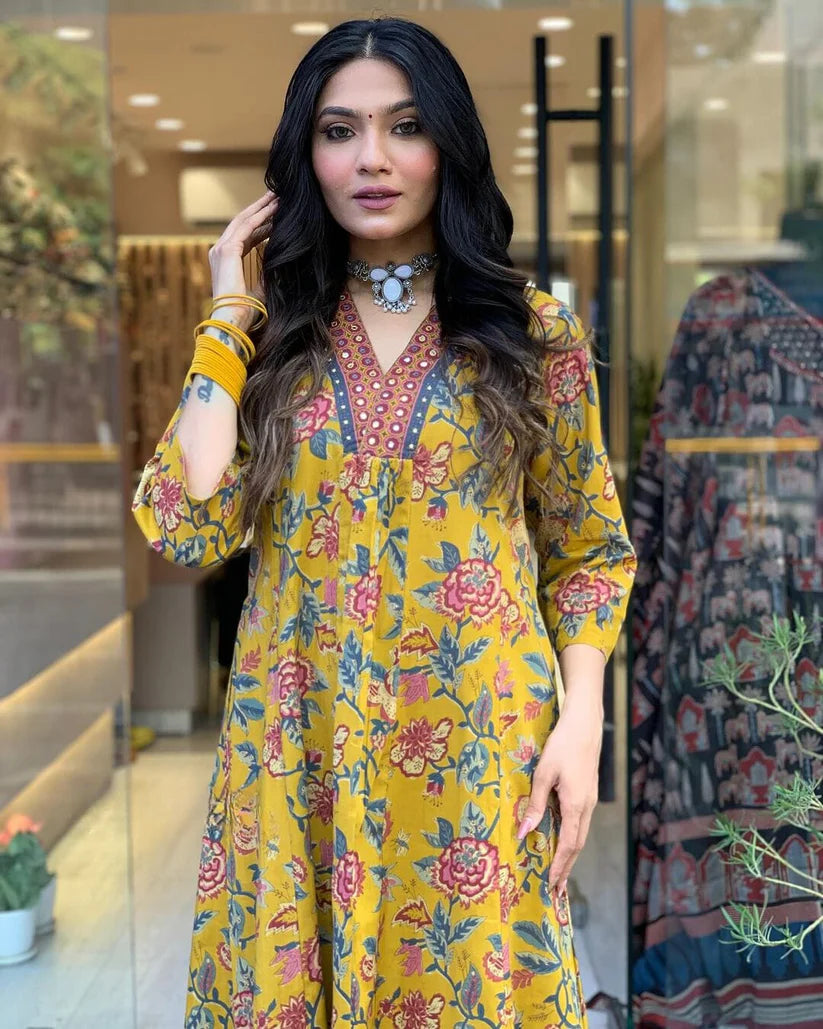 Floral Printed Cotton Kurta and Pant Set with Mulmul Dupatta