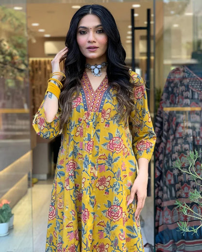 Floral Printed Cotton Kurta and Pant Set with Mulmul Dupatta