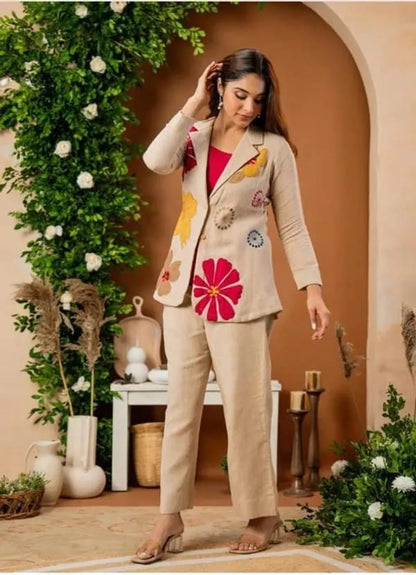 Beige Floral Blazer Style Co- ord Set