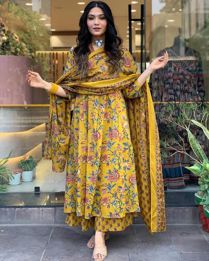 Floral Printed Cotton Kurta and Pant Set with Mulmul Dupatta