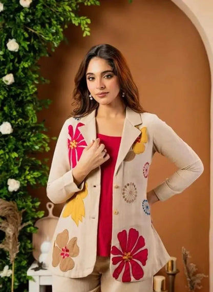 Beige Floral Blazer Style Co- ord Set