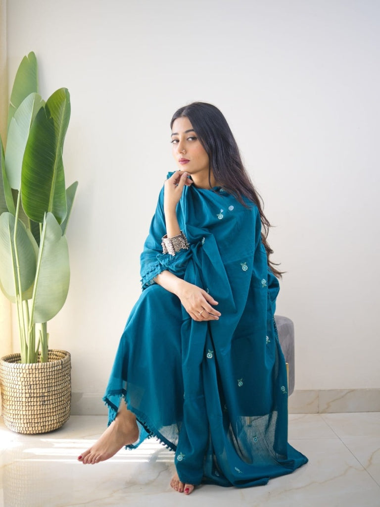 Teal Blue Mirror Work Festive Kurta Set with Tassels for Women