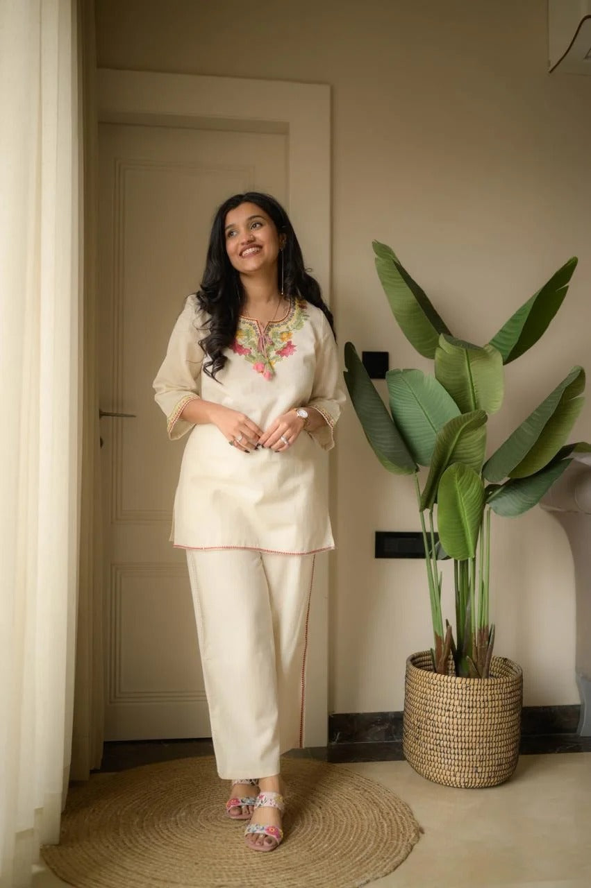 Beige Embroidery Cotton Co Ord Set