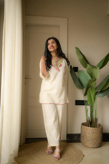 Beige Embroidery Cotton Co Ord Set