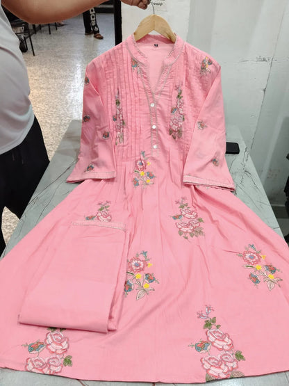 Pink  A-line mulmul cotton kurta set with a plazo