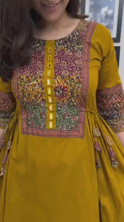 Women’s Mustard Yellow Cotton Anarkali Kurta with Embroidered Yoke