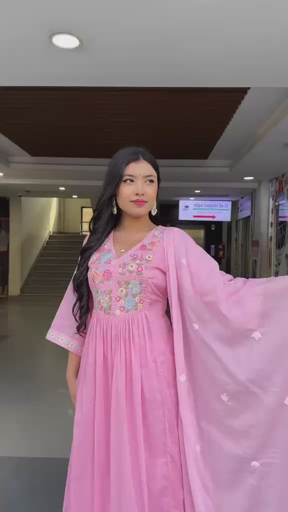 Light Pink Premium A-Line Kurti Pant Dupatta Set
