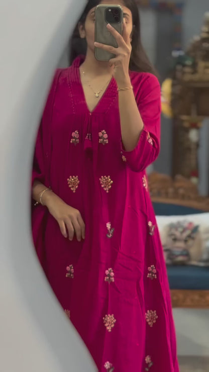 Rani Pink Embroidered Straight Kurta Set with Dupatta for Women