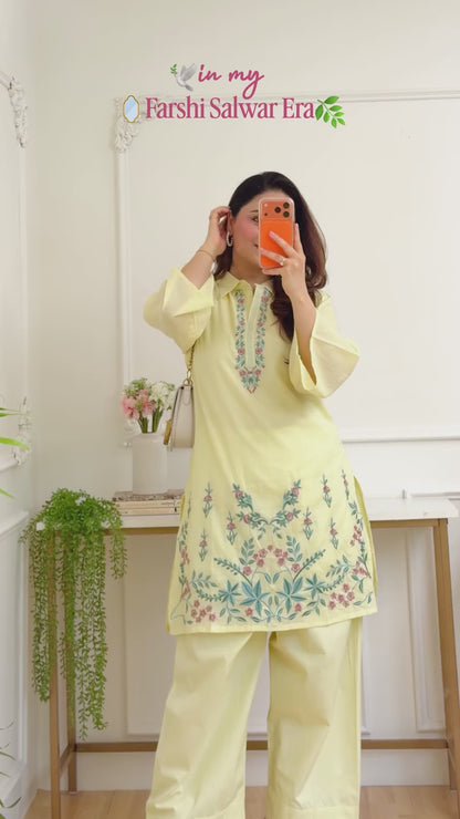 Lemon Yellow Floral Embroidered Co-Ord Set