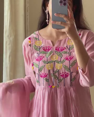 Pink Hand Embroidered Cotton Kurta Set with Dupatta
