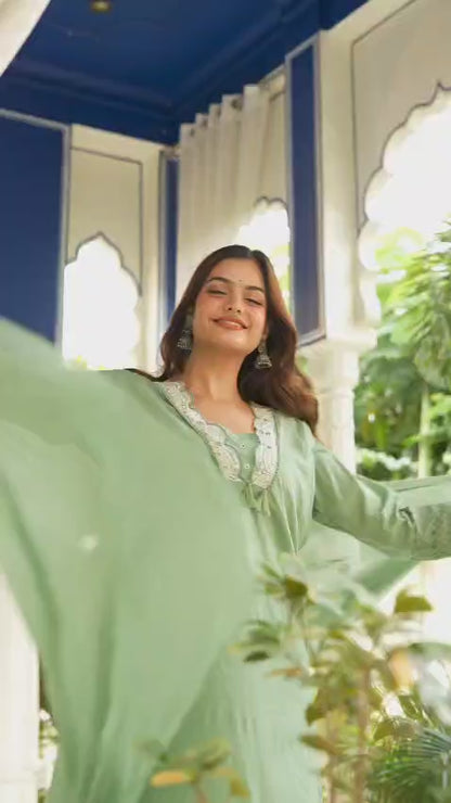 Sage Green Embroidered Cotton Suit Set with Dupatta