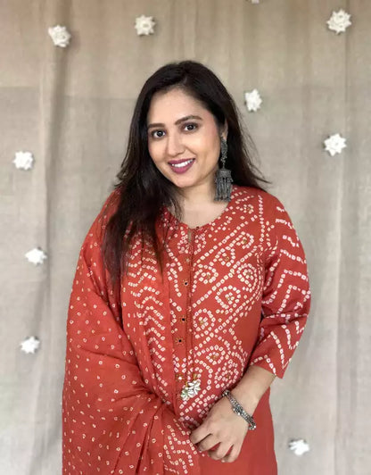 Rust Orange Cotton Bandhani Kurta Set with Dupatta for Women